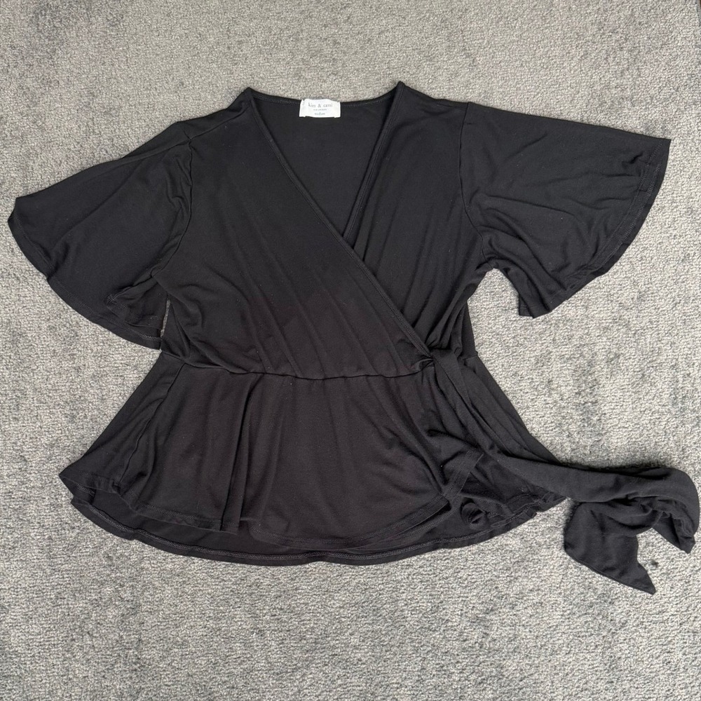 Kim & Cami Los Angeles Black Wrap Peplum Flutter Sleeve Top Medium 3421